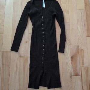 Babaton Dark Brown Ribbed Long Sleeve Dress